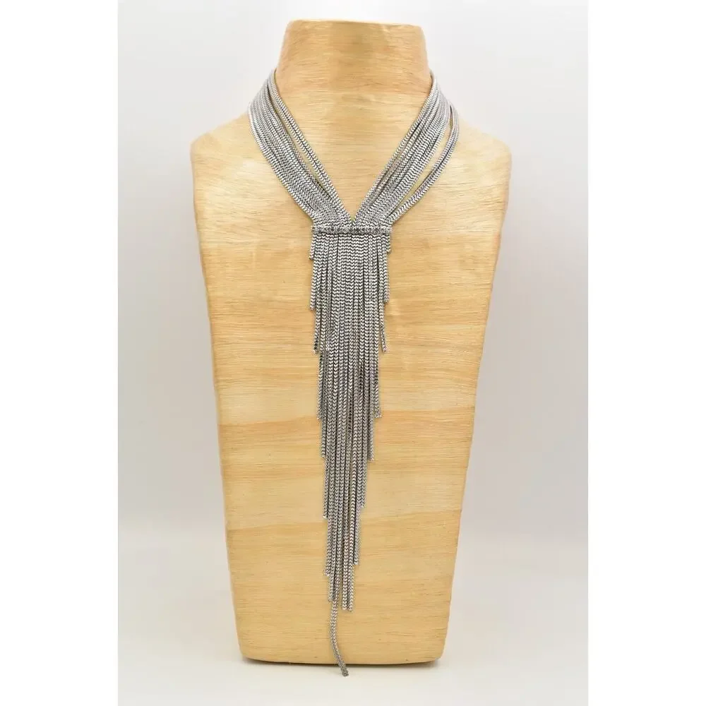 Vintage Y2K Fringe Necklace Crystal Multi-Chain Y-Drop Silver Tone Chunky Bin3B